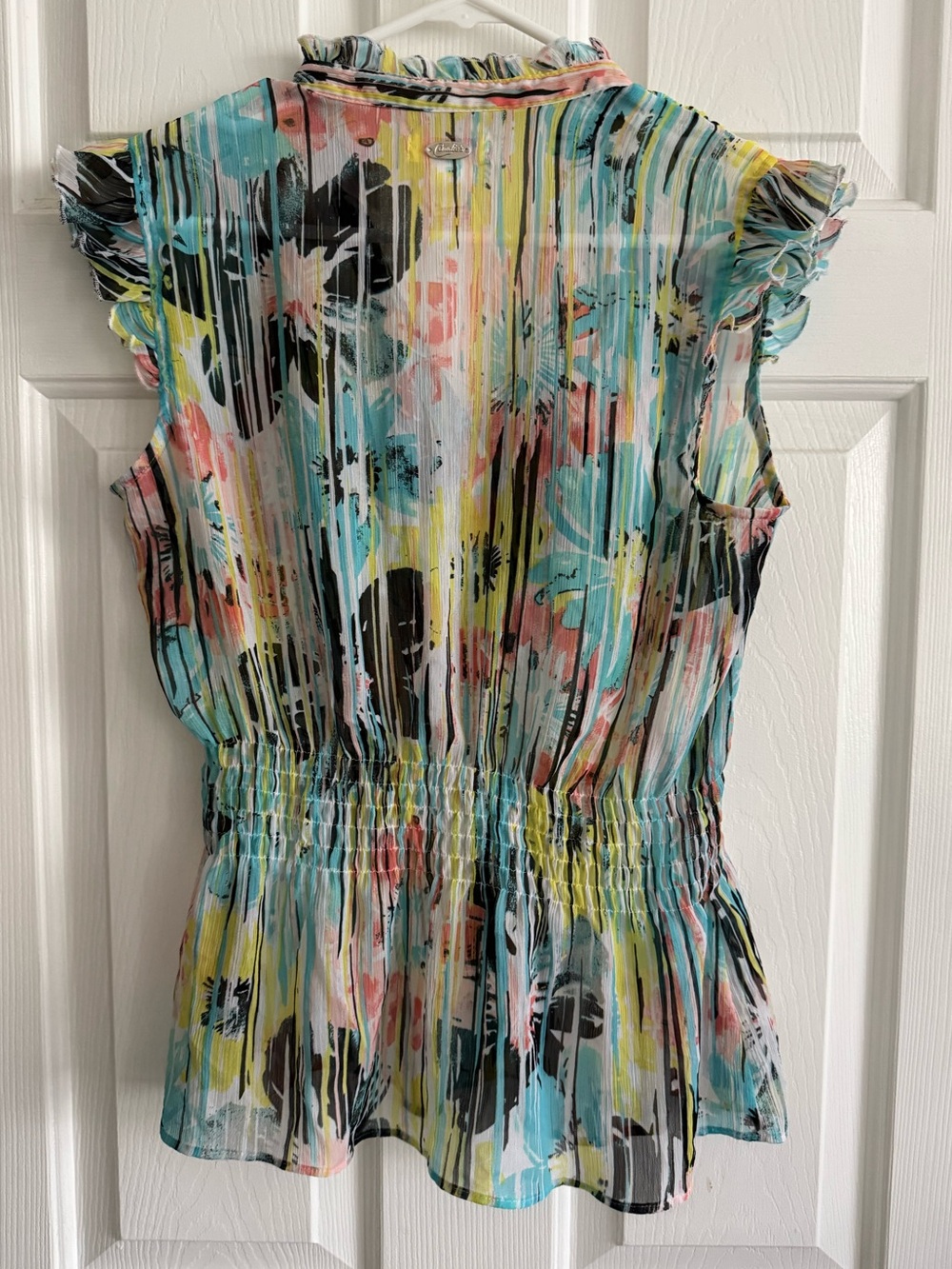 Candie's Abstract Floral Ruffle Blouse V-Neck Smocked Waist Top L - Picture 6 of 7